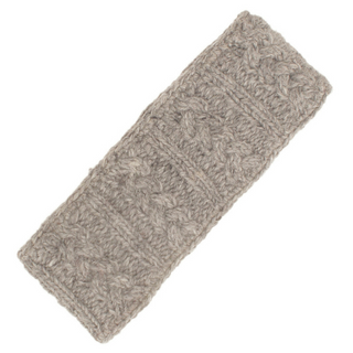 A handmade in Nepal gray knitted wool fleece Cable Headband shown on a white background.