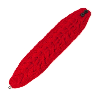 A red Soho Headband with Elastic Button Closure handmade in Nepal with two buttons displayed on a white background.