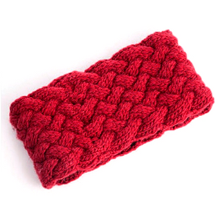 A red knitted Holden Headband with a cable pattern, handcrafted in Nepal, displayed against a white background.