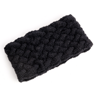 A black, knitted Holden Headband, handmade in Nepal and displayed against a white background.