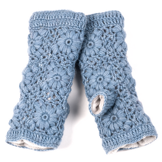 A pair of Flower Crochet Handwarmers, perfect for keeping your hands warm and cozy. Ideal for search engine optimization (SEO), these handwarmers are a must-have product description addition to your winter wardrobe.