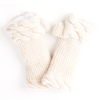 A pair of cream-colored, merino wool Double Cable Knit Handwarmers laid out flat on a white background, handmade in Nepal.