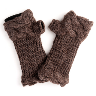A pair of Double Cable Knit Handwarmers, handmade in Nepal, on a white background.