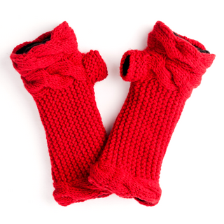 A pair of Double Cable Knit Handwarmers with ribbed cuffs in red color, handmade in Nepal, on a white background.