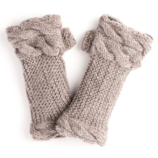 A pair of Double Cable Knit Handwarmers, handmade in Nepal, displayed flat on a white background.