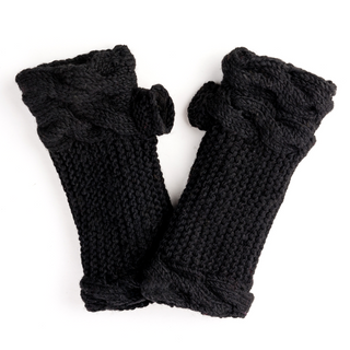 A pair of black Double Cable Knit Handwarmers, knitted fingerless gloves on a white background.