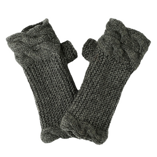 A pair of Double Cable Knit Handwarmers, handmade in Nepal, displayed on a white background.