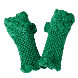A pair of green Double Cable Knit Handwarmers isolated on a white background.