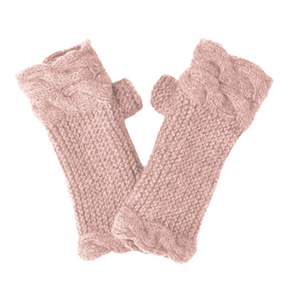 A pair of beige, Double Cable Knit Handwarmers arranged in an inverted v shape on a white background.
