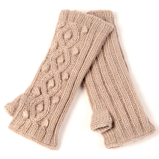 A pair of beige Tree Berry Handwarmers handmade in Nepal with cable pattern design, isolated on a white background.