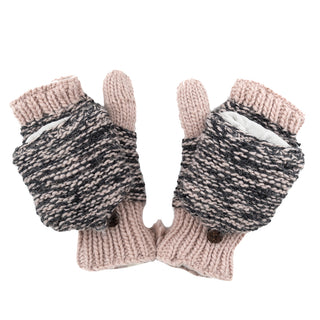 A pair of Speckle Knit Mittens in pink and black with a fingerless glove design.