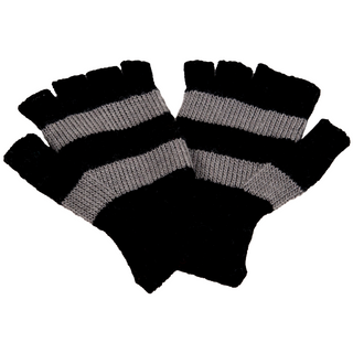 A pair of Striped and Solid Fingerless Gloves (black and grey) on a white background.