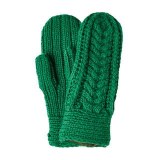 A pair of high-quality green knitted Soho Mittens for women on a white background.