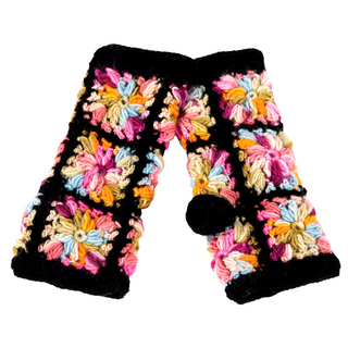 A water-resistant pair of Multi Color Flower Crochet Handwarmers.