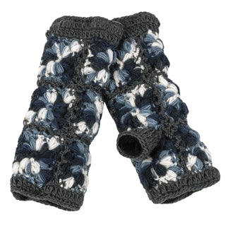 A pair of durable, Multi Color Flower Crochet Handwarmers with blue and white flowers.
