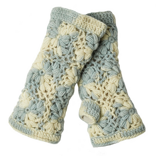 A pair of Multi Color Flower Crochet Handwarmers in light blue and white.