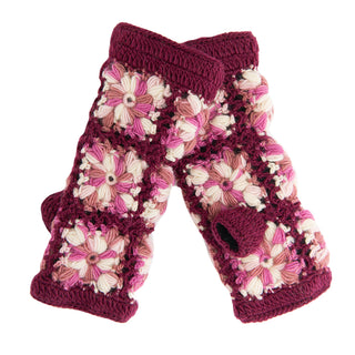 A pair of durable, Multi Color Flower Crochet Handwarmers in burgundy and pink.