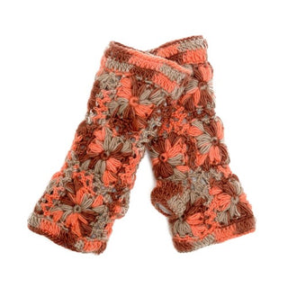 A pair of durable, Multi Color Flower Crochet Handwarmers in orange and grey.