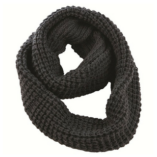 A handmade Double Wide Infinity Scarf in black merino wool on a white background.