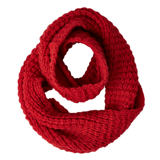 A handmade red merino wool Double Wide Infinity Scarf on a white background.