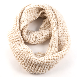 A handmade Double Wide Infinity Scarf made of merino wool on a white background.