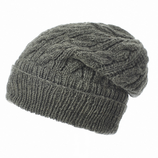 Gray Cobain Slouch with a ribbed cuff, cable knit pattern, and fleece lining.