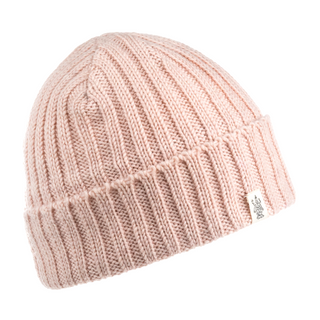The Clyde Rib Fold Cap women's winter hat in pink, crafted from Merino Wool in a ribbed knit design.