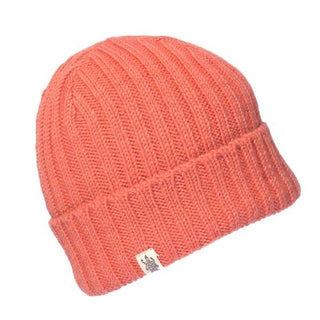 The Clyde Rib Fold Cap women's ribbed knit beanie in coral.