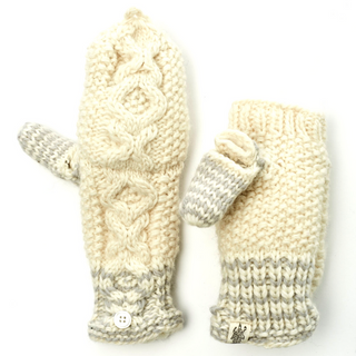 A pair of XOXO Fingerless Gloves with Flap, handmade in Nepal, knitted wool mittens with a cable pattern, one with a thumb extended and the other with thumb tucked in, placed against a white background.