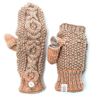 A pair of XOXO Fingerless Gloves with Flap, featuring a cable knit pattern on the back of the hand. These are handmade in Nepal and include 100% wool.