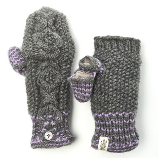 A pair of gray and purple XOXO Fingerless Gloves with Flap, handmade in Nepal, one of which has a small figure wearing a knit cap peeking out.