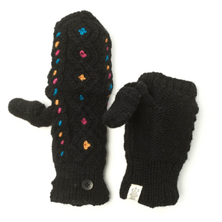 A pair of Lucy In the Sky Fingerless Gloves w/ Flap, one adorned with colorful embroidery and a button, and the other plain, displayed against a white background.