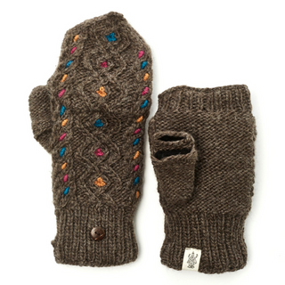 A pair of brown knitted Merino Wool Lucy In the Sky Fingerless Gloves with Flap mittens with colorful embroidered accents on a white background. One mitten has a flap that can be buttoned back to expose the fingers.