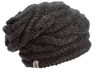 The Triple Braid Cable Slouch women's beanie is shown on a white background with water-resistant technology.
