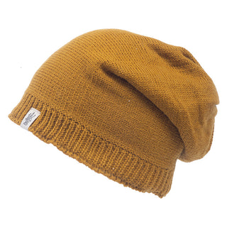 A Dekalb Slouch mustard knit slouch hat on a white background.
