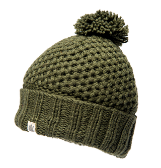 A handmade green knitted Rutland Beanie with a pom pom.