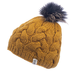 A yellow Boheme Cable Beanie with Faux Fur Pom.