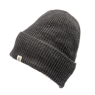 A grey Merino Wool Troubadour Rib Fold Beanie on a white background.