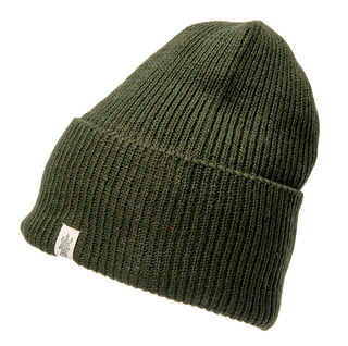 The Troubadour Rib Fold Beanie in olive green, made of Merino Wool.