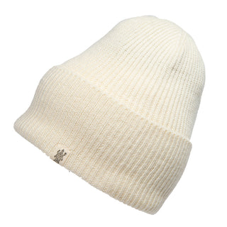 A Merino Wool Troubadour Rib Fold Beanie on a white background.