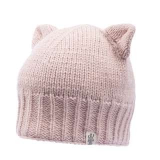 A pink handmade wool Kitty ear hat.