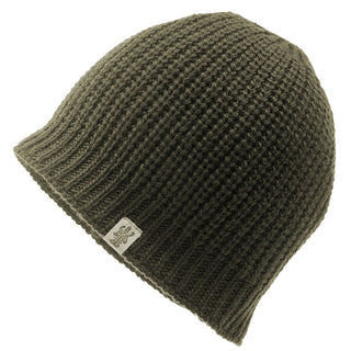 A handmade Cozy Cable Knit Beanie in olive green on a white background.