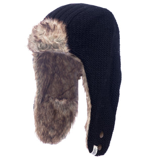 A black Winter trapper hat with a faux fur lining.