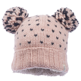 A handmade Double pom Kira hat with hearts on it.