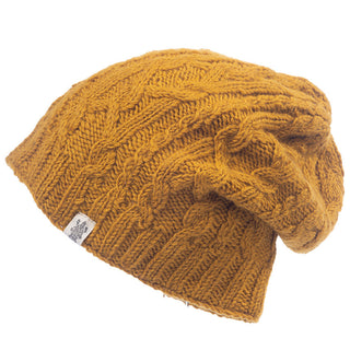 A yellow Alexander Cable Slouch knit hat with a white background.