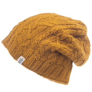 A yellow Alexander Cable Slouch knit hat with a white background.