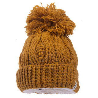 A handmade Big pom rib fold hat with a sherpa lining and a pom pom.