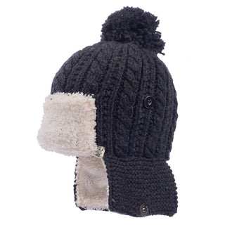 A black Sherpa trapper hat with pom.