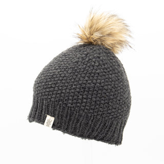 A black Moss fur pom pom hat.