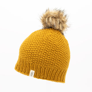 A yellow Moss fur pom pom hat.